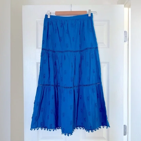 FARM Rio Blue 3D Pineapple Embroidered Midi Skirt Pom Pom Hem A-Line Size S NEW - Picture 8 of 12